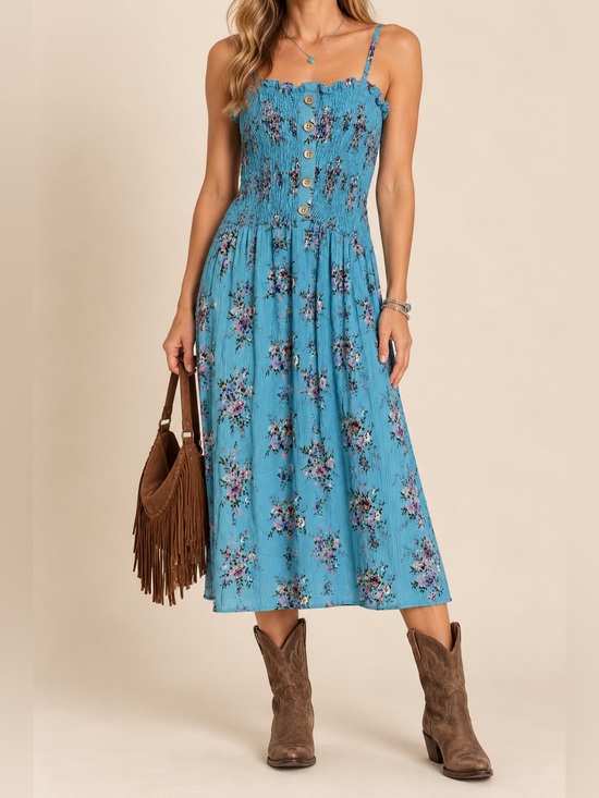 Angie Dresses & Skirts - Vintage Angie Turquoise Floral Smocked Cottagecore Midi Dress M